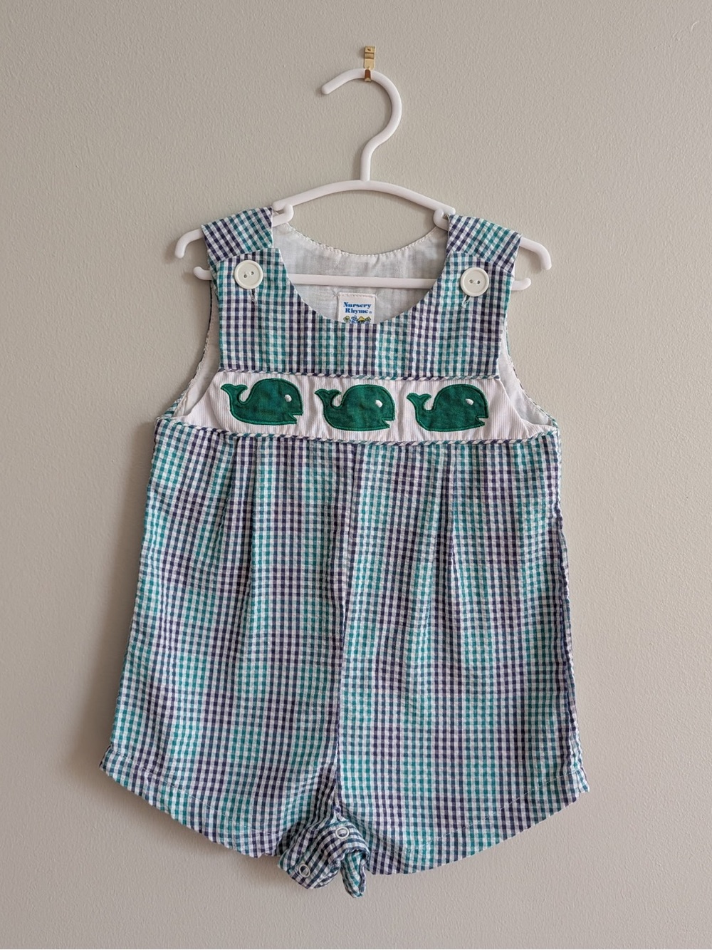 Nursery Rhyme Boys Whale Smocked Jon Jon Romper | 18M | Blue Green Gingham